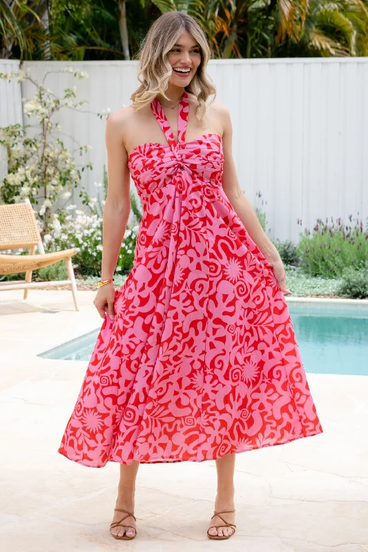 Aphrodite Halter Maxi Dress Solstice Print Red Pink