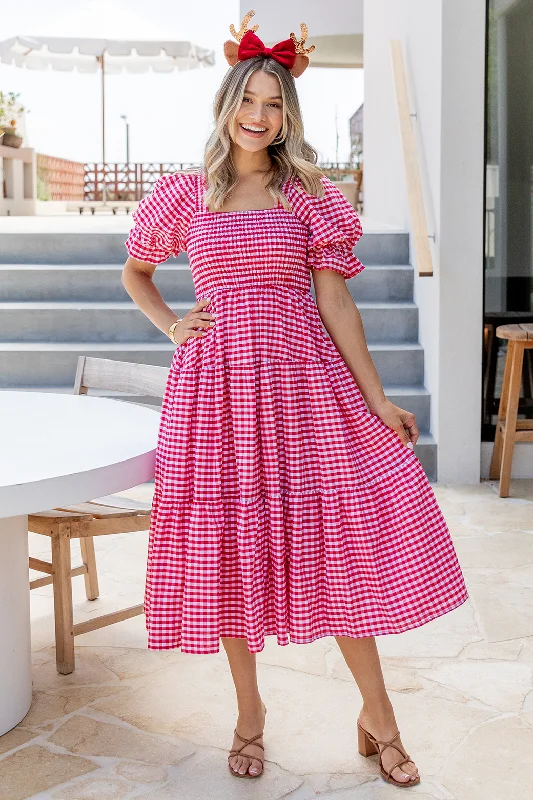 Farrah Puff Sleeve Midi Dress Red Gingham