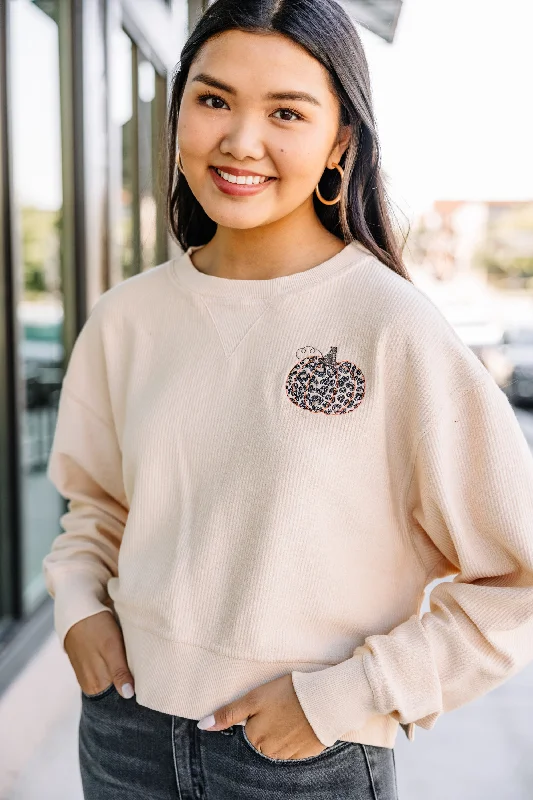 Leopard Pumpkin Natural Cropped Corded Embroidered Sweatshirt