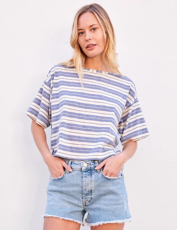 Sundry Harbor Stripe Boat Tee in Blue Linen