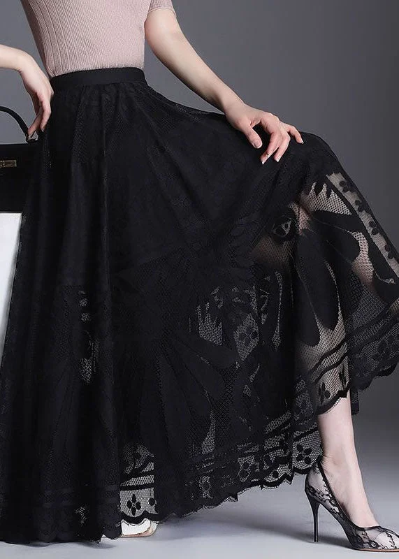 Fine Black Wrinkled Patchwork Hollow Out Lace Skirt