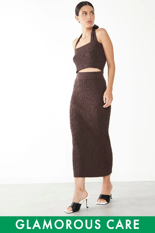 Glamorous Care Brown Ribbed Midi Skirt