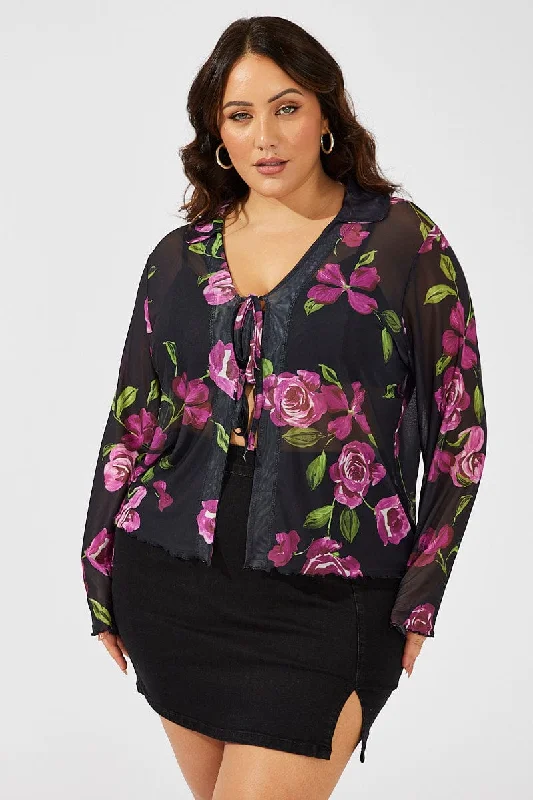 Black Floral Ruffle Top Long Sleeve Tie Up Mesh