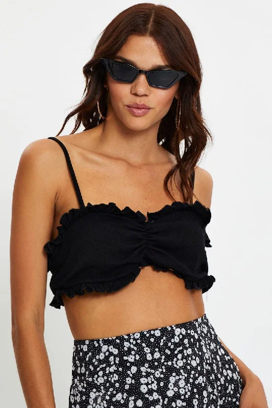 Black Ruched Frill Detail Ribbed Crop Top