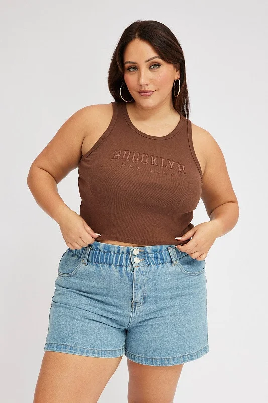 Brown Graphic Tank Top Crew Neck