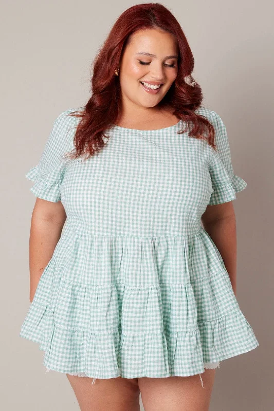 Green Check Tiered Top Short Sleeve