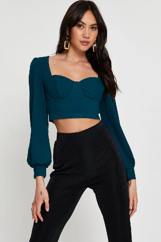 Green Crop Top Long Sleeve Sweetheart