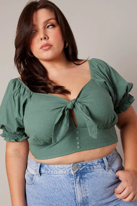 Green Crop Top Short Sleeve Tie Front