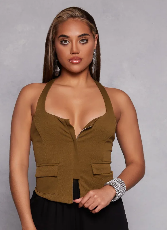 Zip Front Cargo Pocket Halter Top