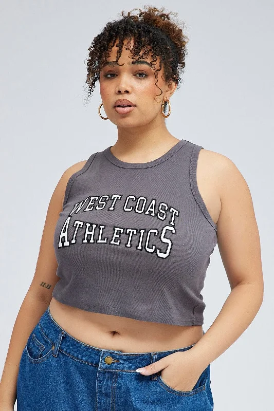 Grey Rib Tank Top With Embroidery