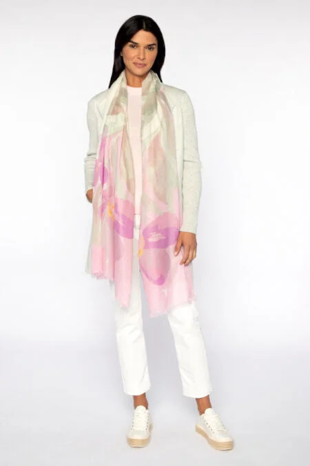 Kinross Cashmere Kiwi Blooms Print Scarf - Freesia