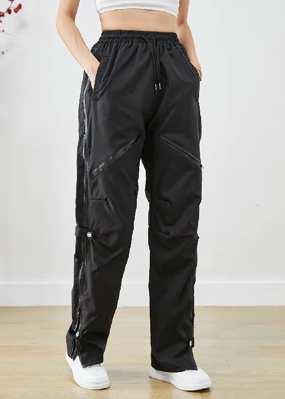 Chic Black Zip Up Patchwork Pockets Spandex Overalls Pants Fall