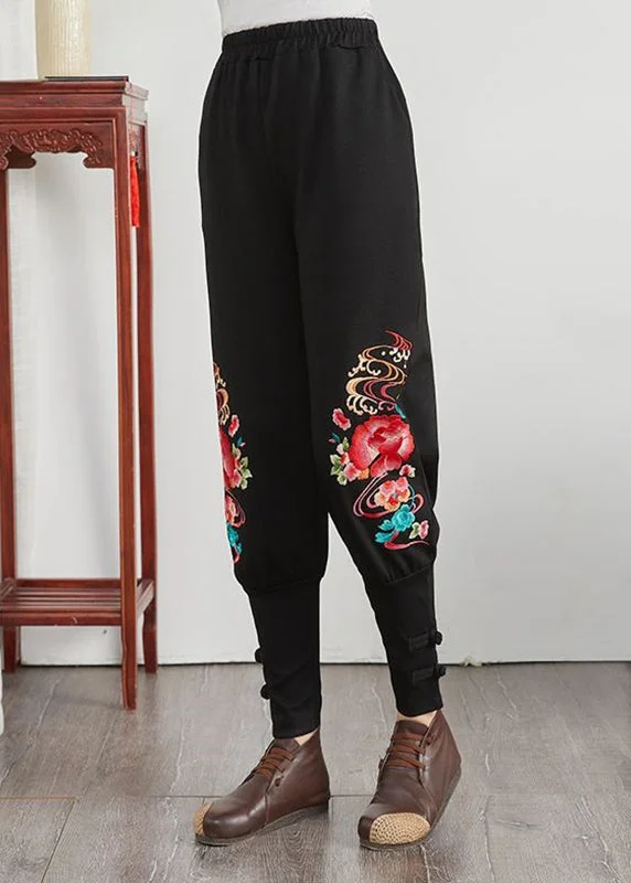 Floral Patchwork Elastic Waist Pockets Cotton Harem Pants