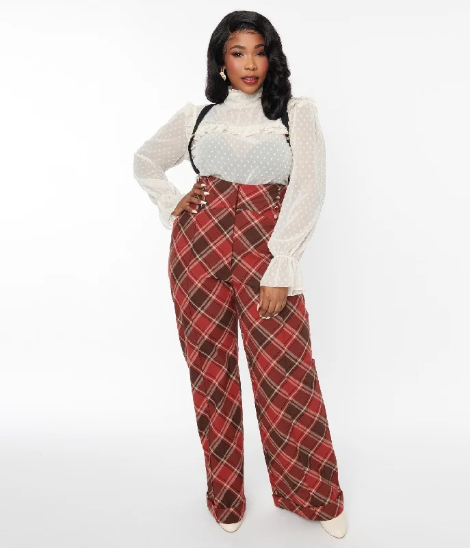 Unique Vintage 1940s Red & Brown Plaid Wide Leg Suspender Pants