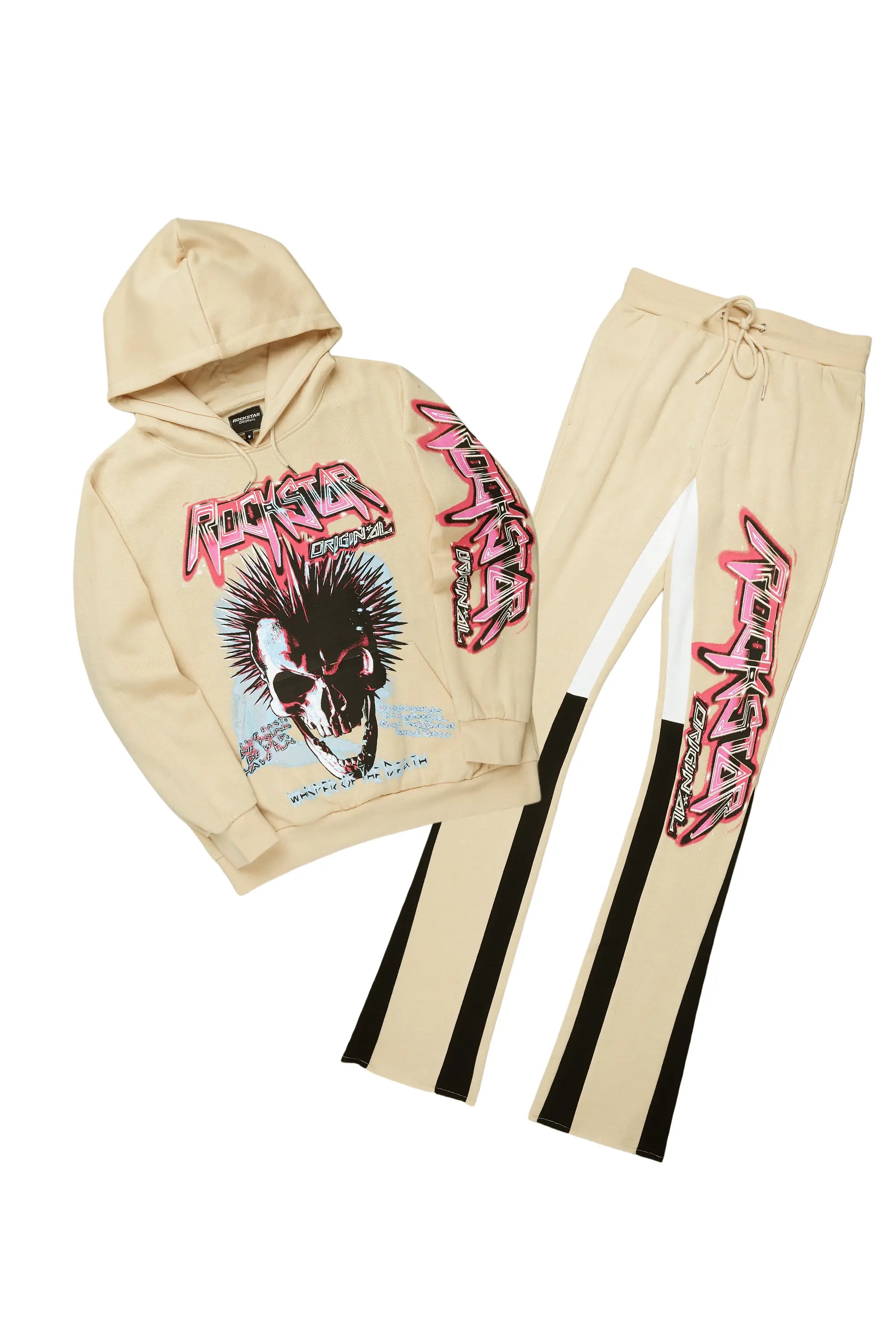 Obern Beige/Black Graphic Hoodie/Stacked Flare Pant Track Set