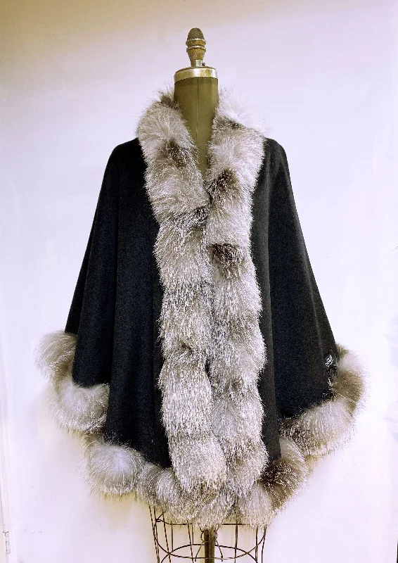 Vanessa Wrap Cape -  Cashmere & Wool Blend-Fox Trim All Around Edge