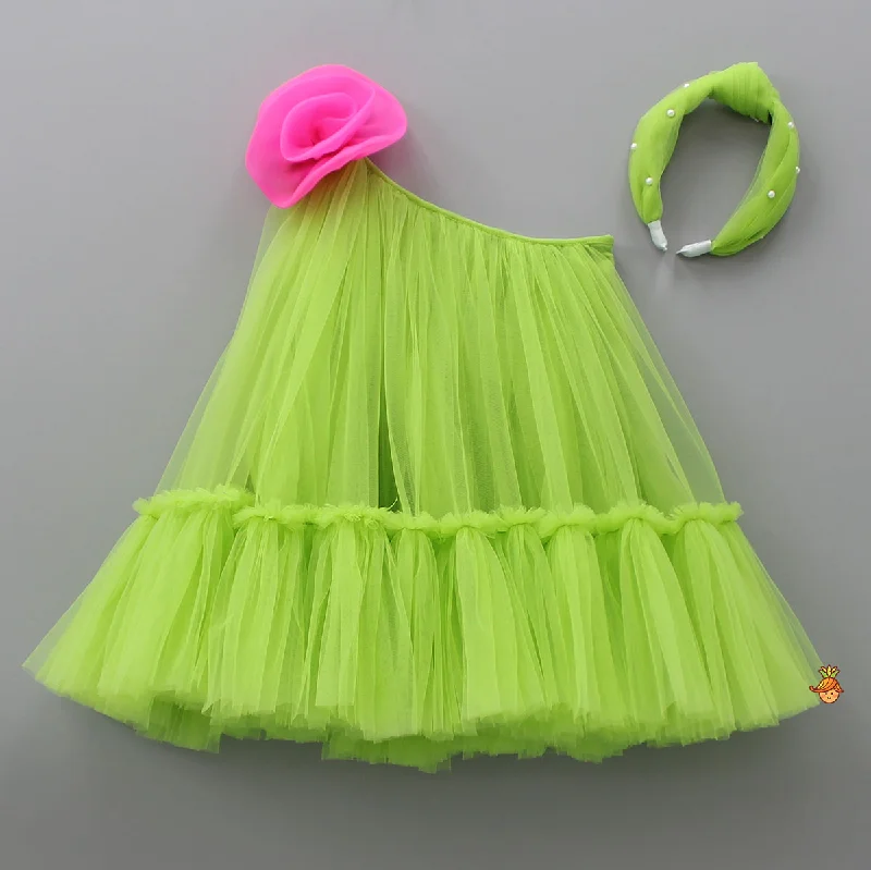 Contrasting Rose Adorned One Shoulder Green Dress With Matching Knot Detail Hair Band