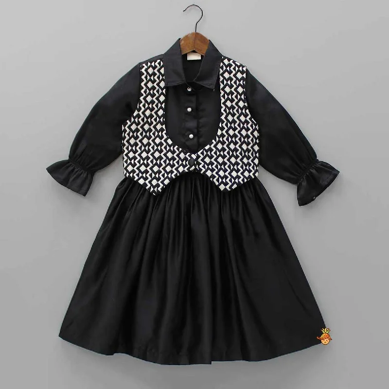 Elegant Black Jacket Style Collar Dress