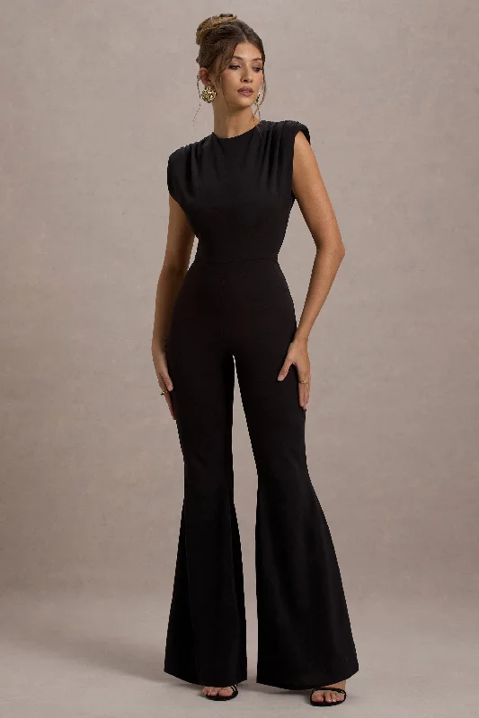 Elyna | Black High-Neck Draped Flared-Leg Jumpsuit