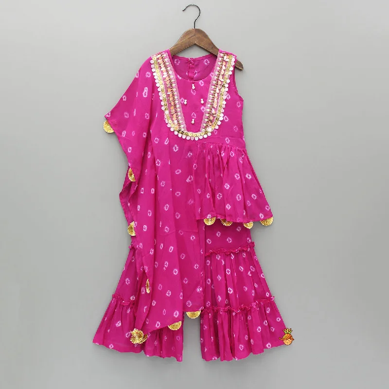 Embellished Printed One Side Drape Kurti With Crop Top And Sharara