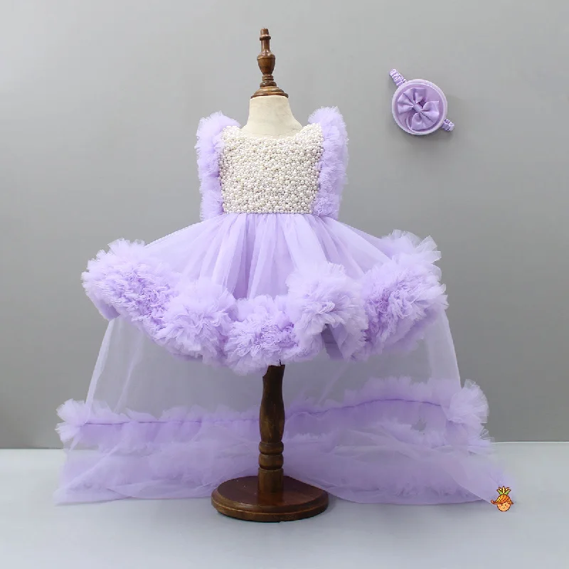 Embroidered Yoke Ruffle Hem Lavender Dress With Detachable Trail And Matching Head Band