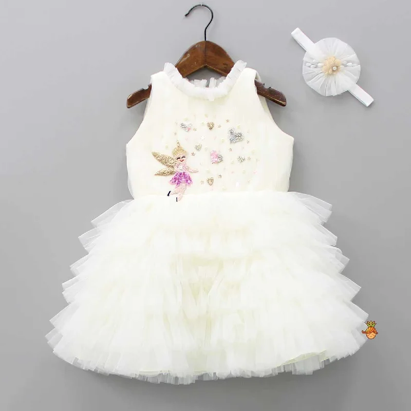 Fairy Embroidered Yoke Off White Multi Layered Dress With Head Band