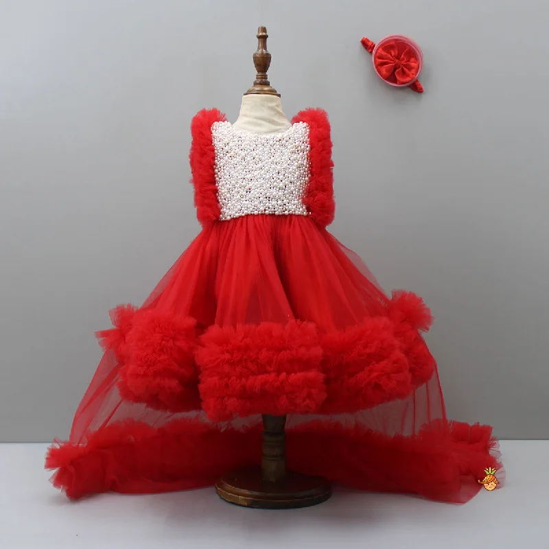 Glamorous Red Frilled Dress With Detachable Trail And Head Band