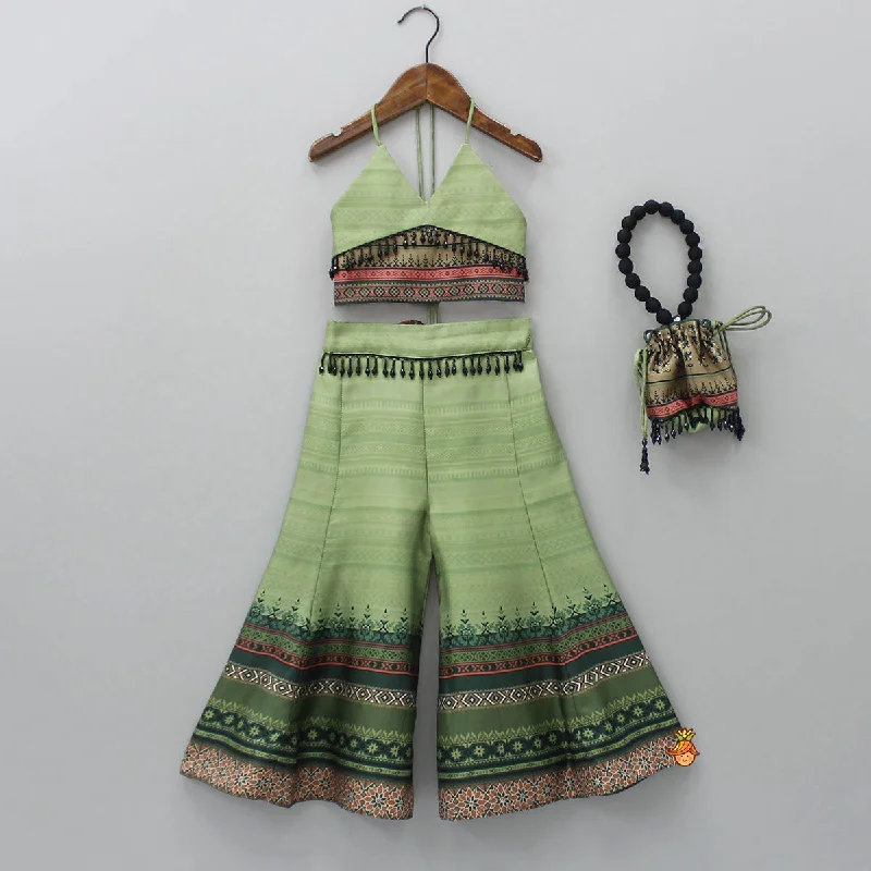 Halter Neck Green Top And Palazzo With Potli Bag