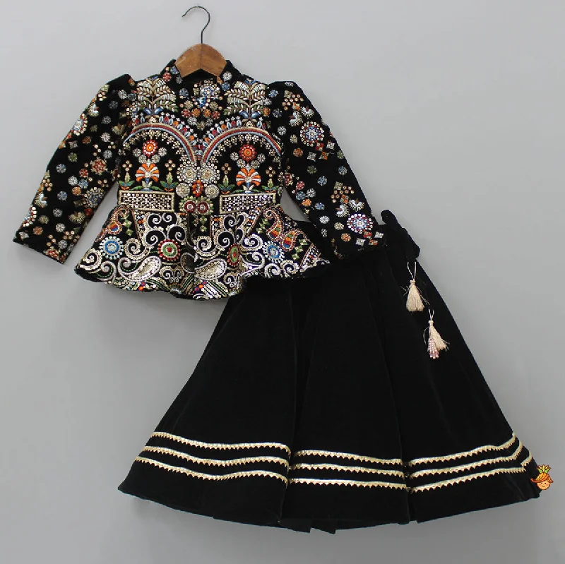 Heavy Embroidered Black Velvet Top And Gota Lace Work Flared Lehenga