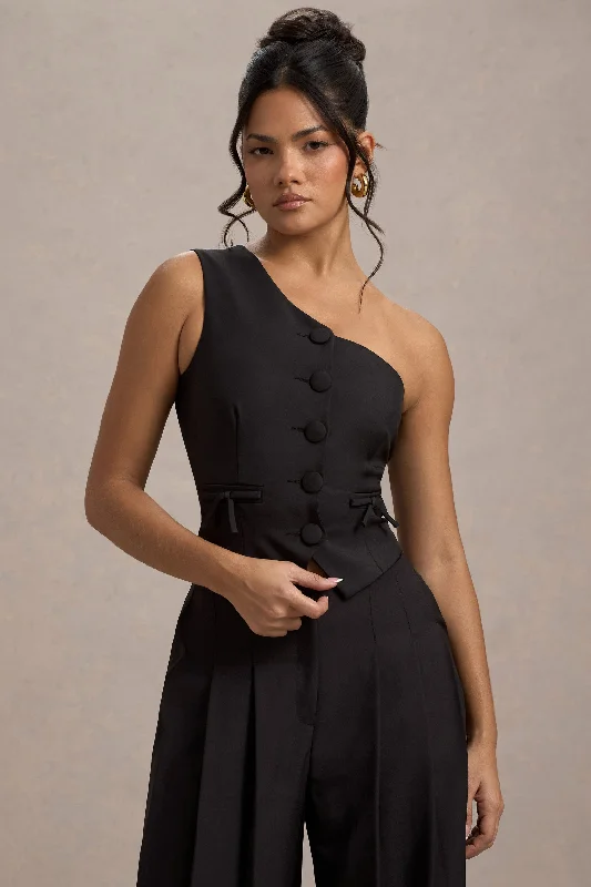 Lelia | Black One Shoulder Tailored Top With Bows