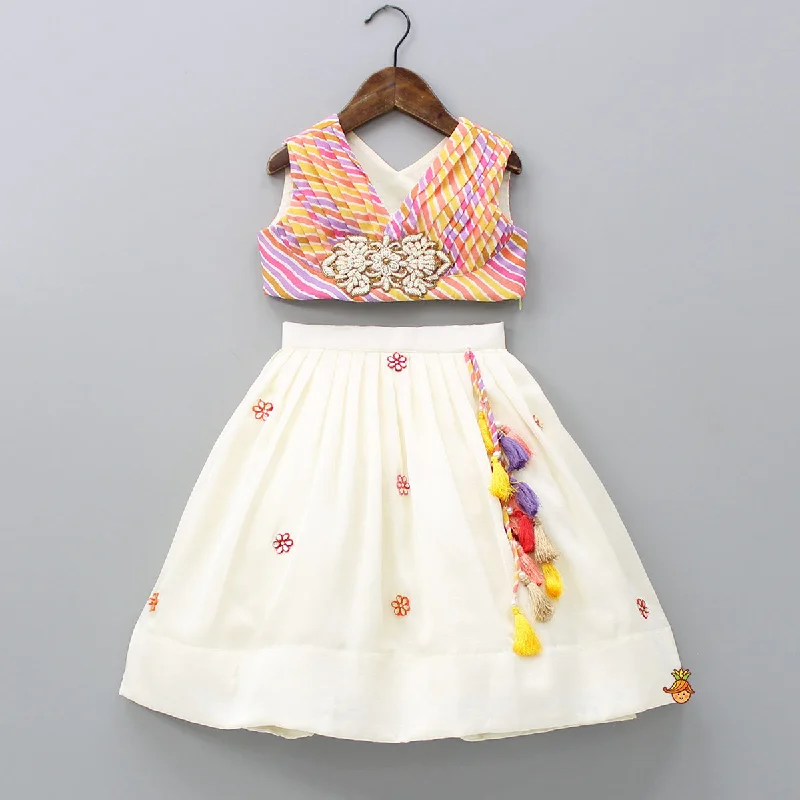 Multicolour Printed Yoke Pleated Top With Pleated Lehenga