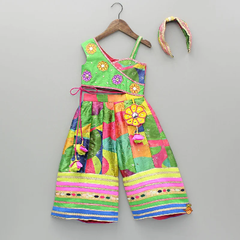 One Shoulder Printed Embroidered Multicoloured Jumpsuit With Hairband