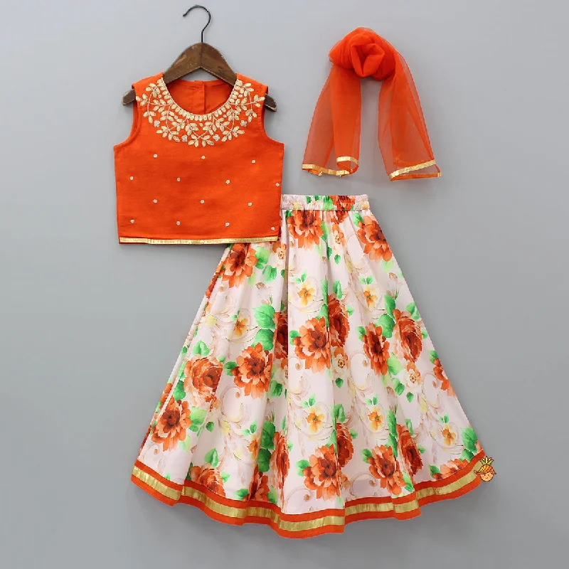 Orange Top And Floral Printed Lehenga With Net Dupatta