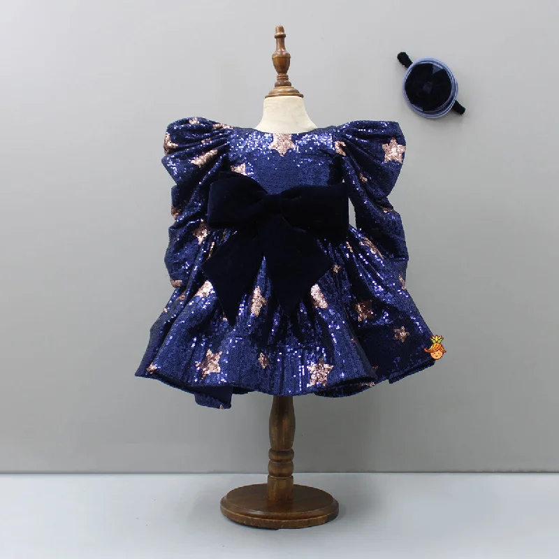 Puffed Sleeves Sequined Blue Dress With Head Band