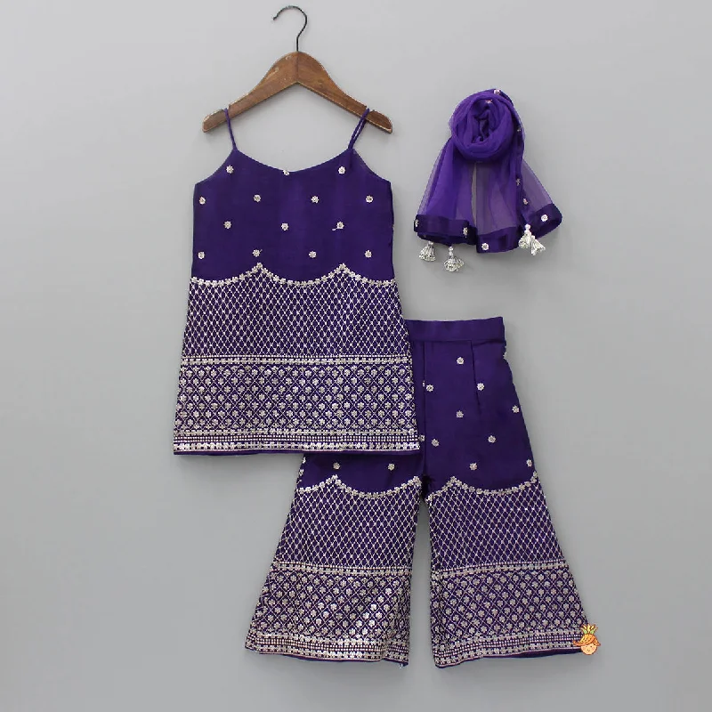 Sequins And Thread Embroidered Purple Strappy Kurti With Palazzo And Net Dupatta