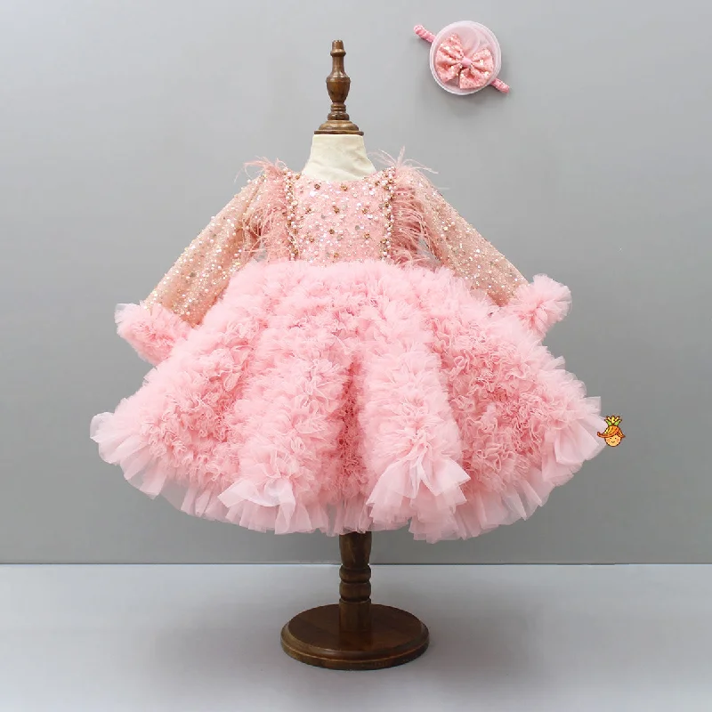 Sequins Embellished Ruffled Peach Dress With Matching Swirled Bowie Headband