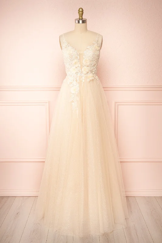 Clara Beige | Maxi Tulle Dress w/ Lace Bodice