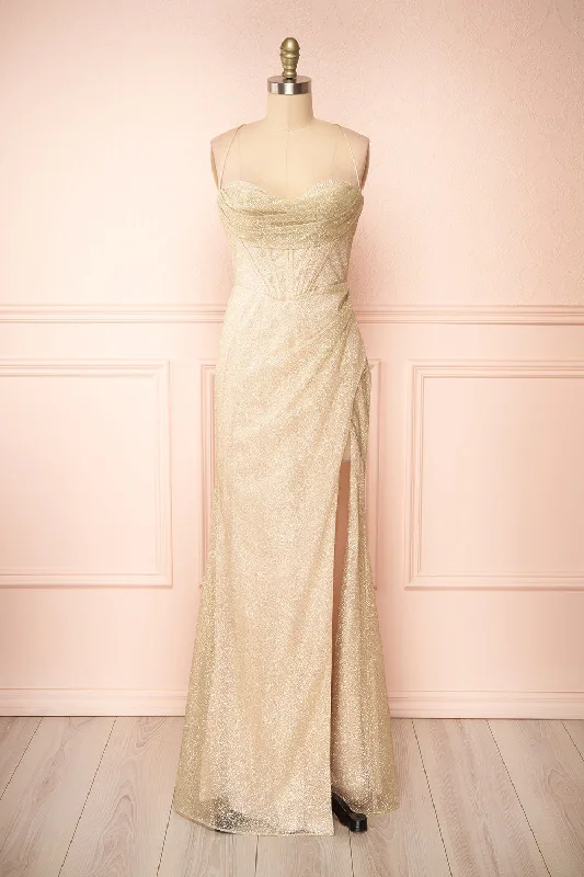 Frosti Champagne | Sparkly Cowl Neck Maxi Dress