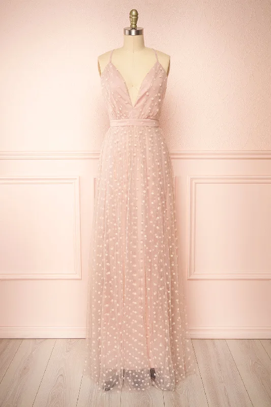 Margarida | Polka Dot Pink Tulle Maxi Dress