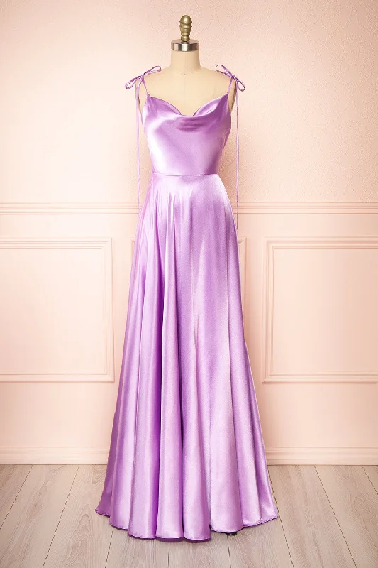 Moira Lavender | Cowl Neck Satin Maxi Dress w/ High Slit