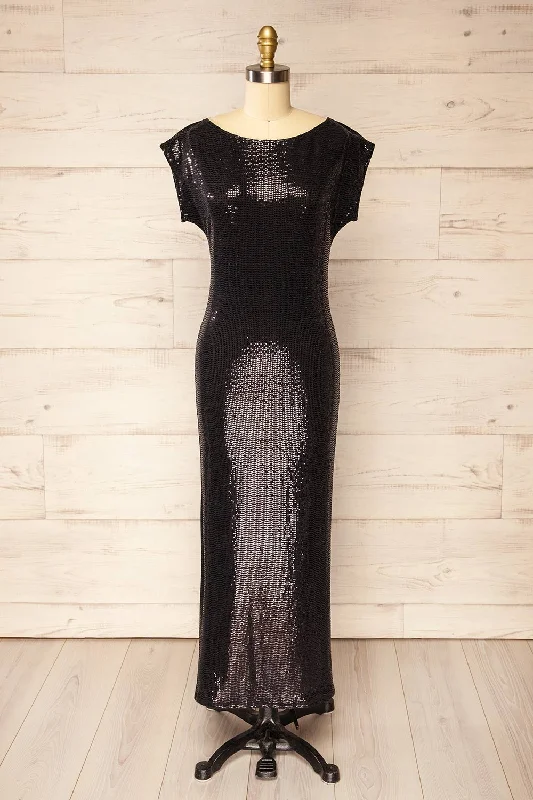 Seralie | Black Sequin Maxi Dress w/ Slit