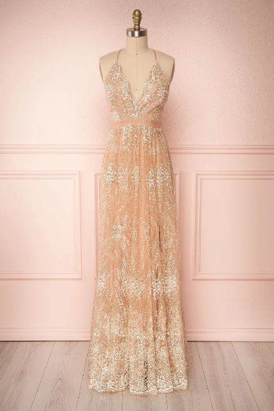 Sharidan Rosegold | Glitter Mesh Maxi Dress