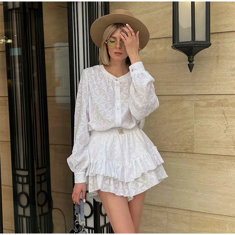 Sleeved Shirt Shorts Sets Summer Stand Collar Single Breasted White Blouse Suits Casual Vacation Mini Dress