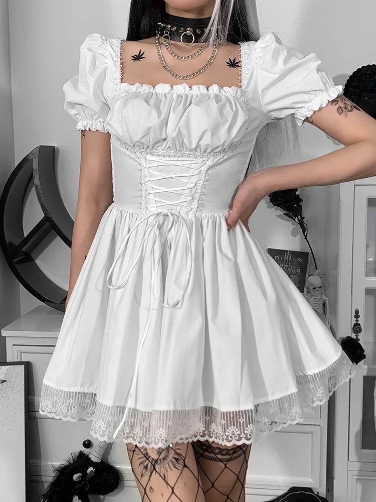 FashionSierra - Puff Sleeve Women Y2K Square Neck Kawaii Lace Trim Partywear Lolita Cute White Princess Elegant Party Mini Dress