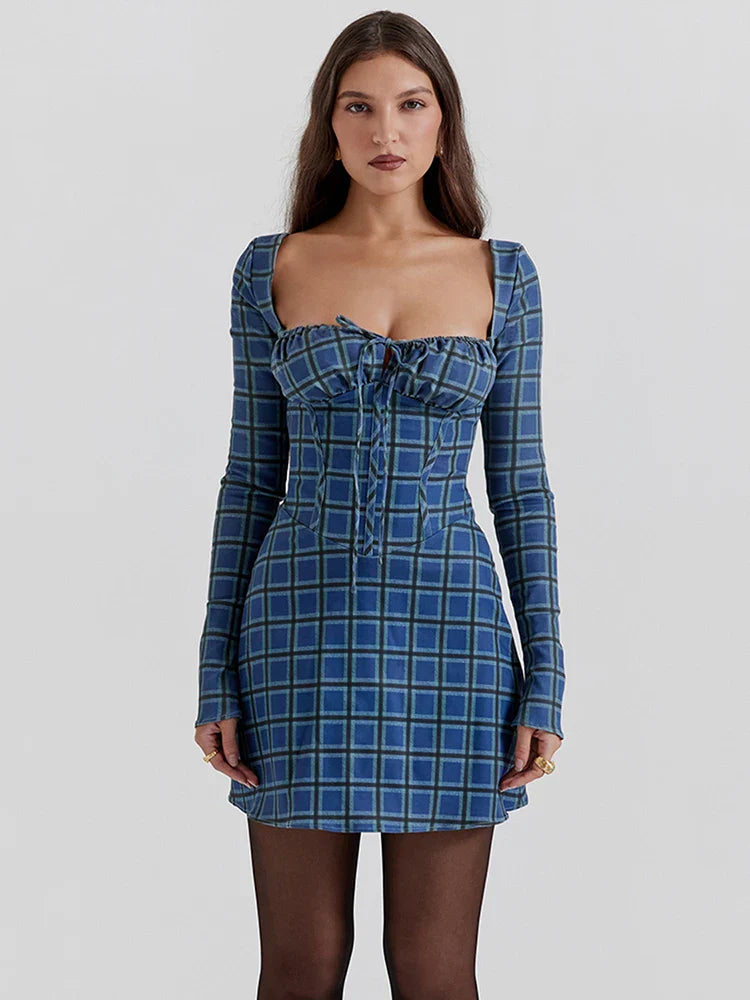 Tartan Square Collar Lace-up A-line Mini Dress Spring Floral Dress