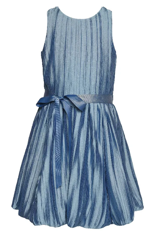 Kids Micro Plisse Party Dress With Bubble Hem And Sash In Blue