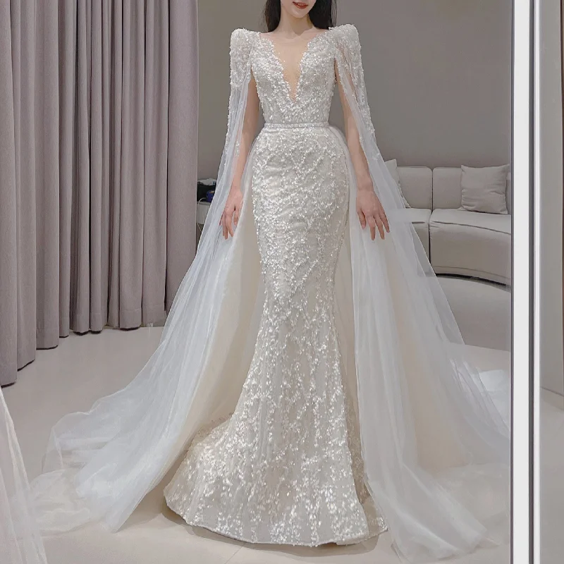 Elegant Sparkly Mermaid Wedding Dress With Cape and Detachable Train