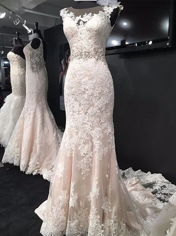 Lace Mermaid Wedding Dress Sleeveless with Open Back