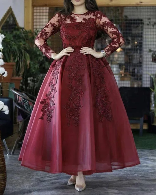 Long Sleeves Burgundy Wedding Guest Dress 2025 Short Ankle Length Prom Dress Lace