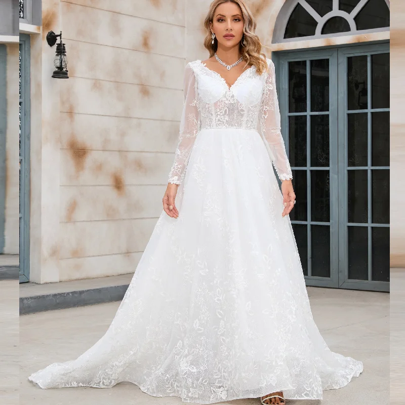 Modern Sheer Bodice A-line V-neck Lace Wedding Dress with Long Sleeves